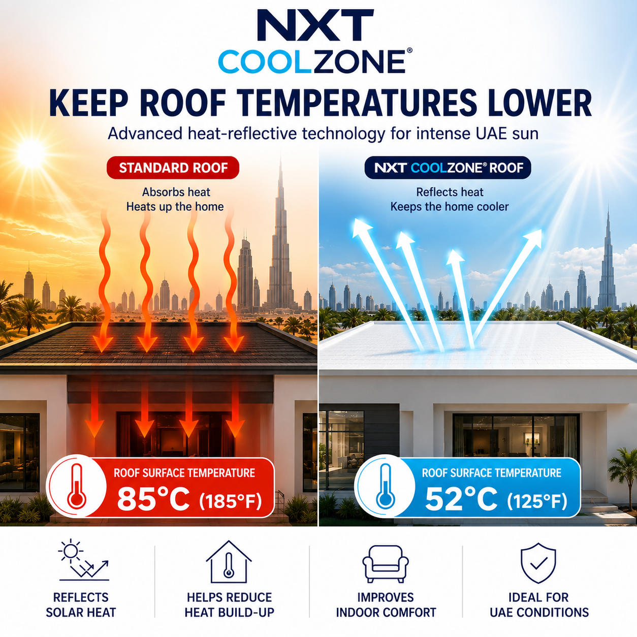 NuTech NXT CoolZone infographic comparing a standard roof and NXT CoolZone roof temperatures